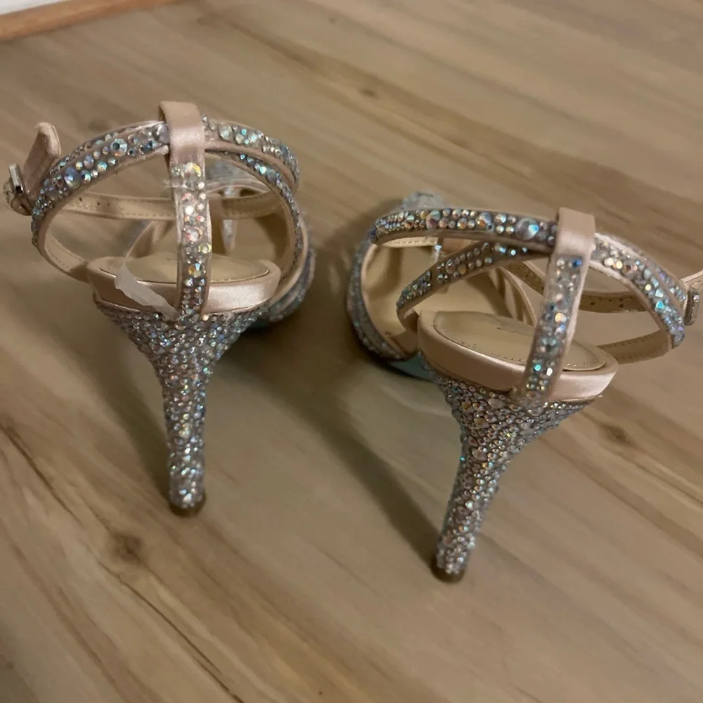 Betsey Johnson Rhinestone Strappy Heels - Cream and Silver Size 8.5